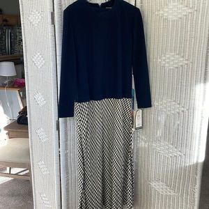 Panache blue dress with sweater like top and plaid skirt